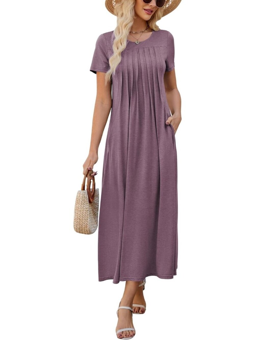 Women's Purple Summer Casual Short Sleeve Crewneck Pleated Beach Maxi Dress